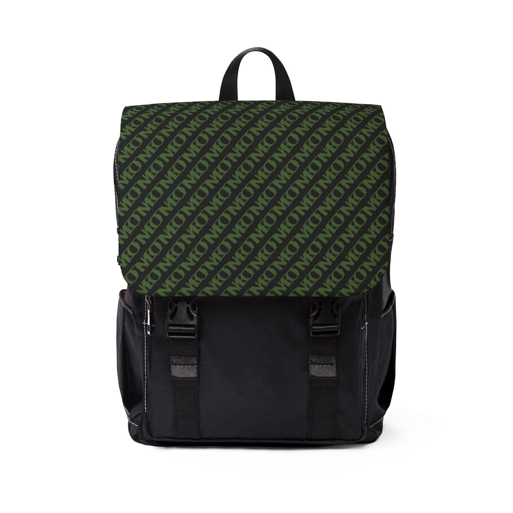 Monogram Green Flap Backpack — Casual Shoulder Backpack with Repeating 'MON' Pattern