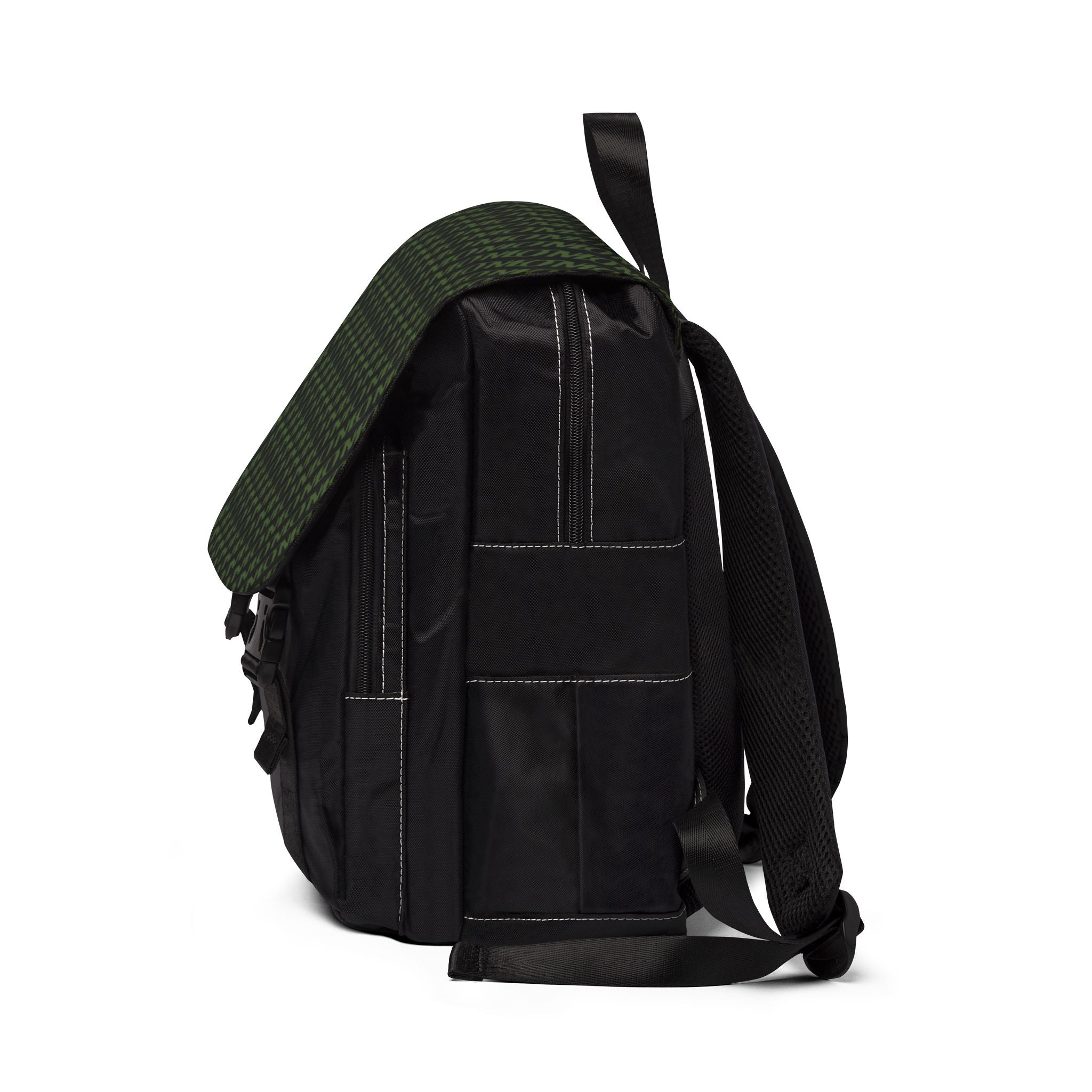 Monogram Green Flap Backpack — Casual Shoulder Backpack with Repeating 'MON' Pattern