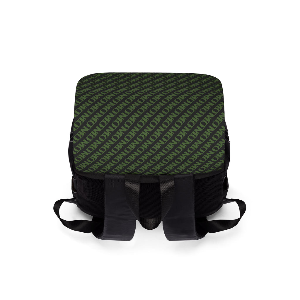 Monogram Green Flap Backpack — Casual Shoulder Backpack with Repeating 'MON' Pattern