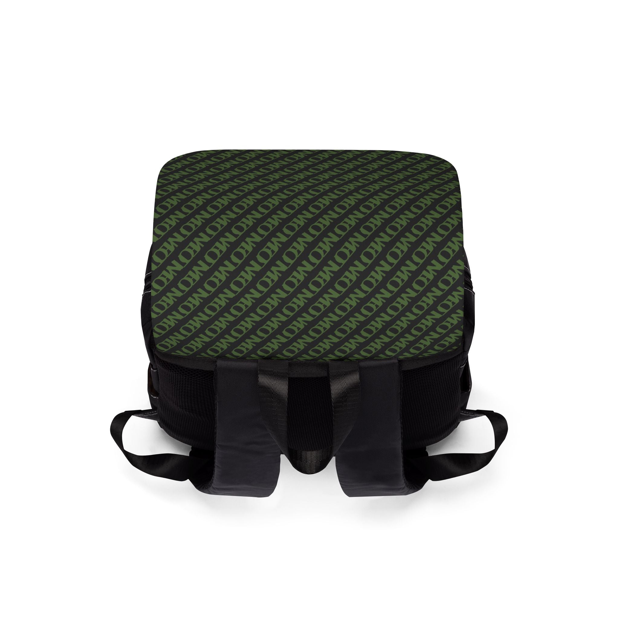 Monogram Green Flap Backpack — Casual Shoulder Backpack with Repeating 'MON' Pattern